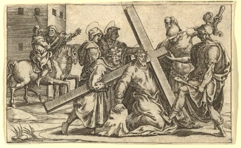 The Virgin of Sorrows- Christ Bearing the Cross; one of nine surrounding compartments from the Virgin of Sorrows, now separated MET DP821365
