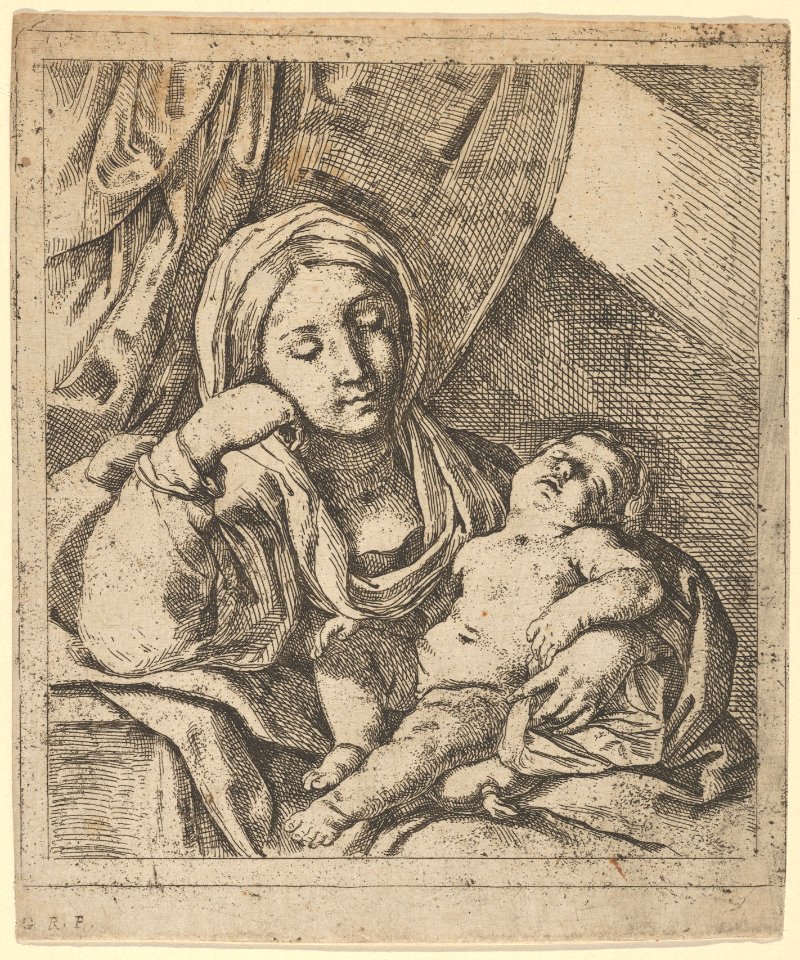 The Virgin seated, resting her head on her right hand and holding the sleeping infant Christ on her lap MET DP837912