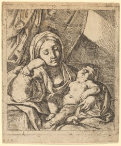 The Virgin seated, resting her head on her right hand and holding the sleeping infant Christ on her lap MET DP837912