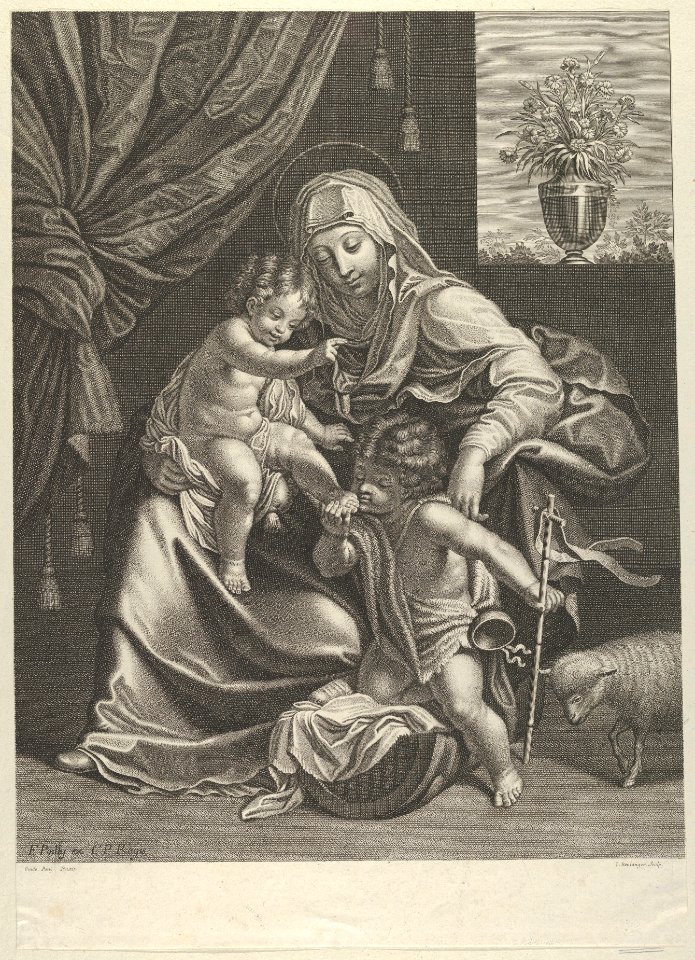 The Virgin seated with the infant Christ on her lap, the young Saint John the Baptist kneeling on Christ's cradle and kissing his foot, a lamb at right, after Reni MET DP841782