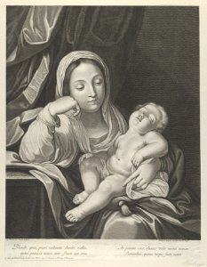 The Virgin seated with her head resting on her right hand, holding the sleeping infant Christ on her lap, after Reni MET DP841785