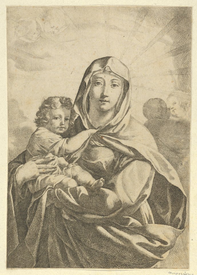 The Virgin standing facing front and holding the infant Christ, angels behind them in the clouds MET DP841770