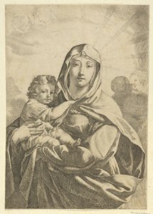 The Virgin standing facing front and holding the infant Christ, angels behind them in the clouds MET DP841770