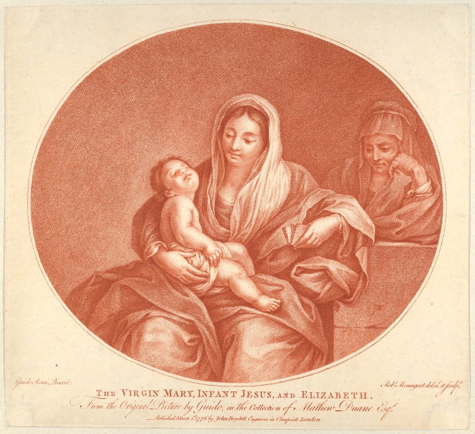 The Virgin seated with the infant Christ sleeping in her lap, Saint Elizabeth at right, an oval composition, after Reni MET DP841773