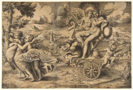 The triumph of Cupid and Psyche who are seated on a chariot drawn by two birds restrained by children MET DP812448