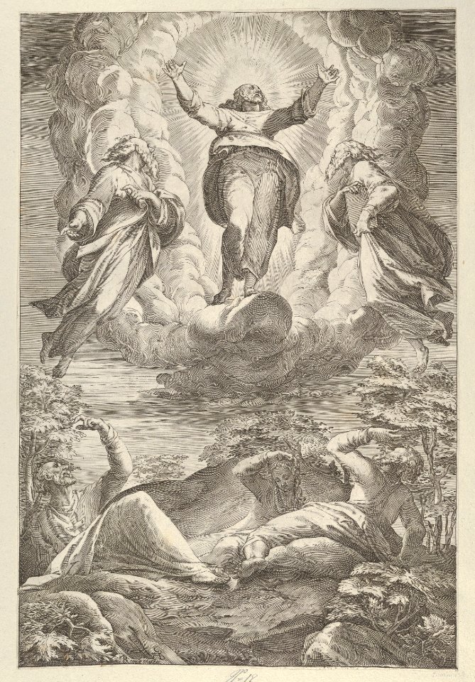The Transfiguration with Christ flanked by two saints and with the Apostles below MET DP836956