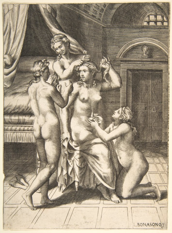 The toilet of Psyche who is seated in the centre being attended to MET DP812754