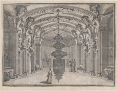 Theatrical scene in a great hall with a vaulted ceiling and a central sculpture; two figures converse in the background while a third stands alone in the foreground MET DP874702