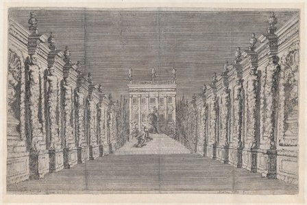 Theatrical scene with four figures on a staircase in the distance, two of which are engaged in a brawl MET DP874701