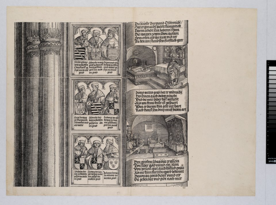 The Tomb Erected by Maximilian for His Father; and The Imperial Treasure; with Portraits of Maximilian's Ancestors and Relatives, from The Triumphal Arch of Maximilian I, 1st edition (1517-18) MET DP-16116-047