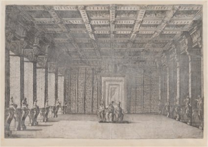 Theatrical scene with three figures seated in the middle of a room with columns at left and right and a coffered ceiling MET DP874703