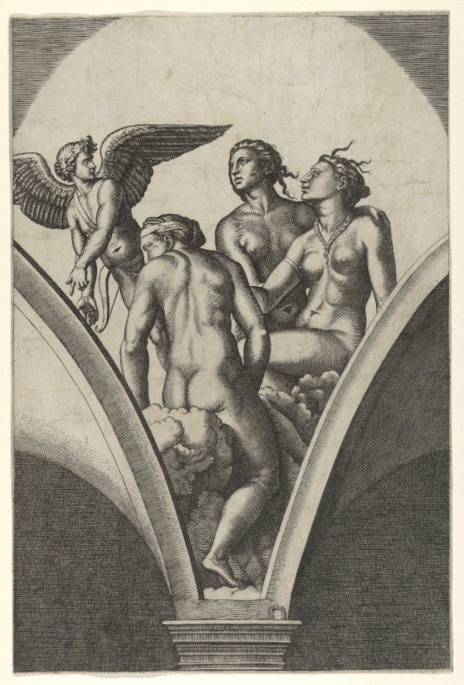 The Three Graces sitting on clouds, cupid at the left, after Raphael's fresco in the Chigi Gallery of the Villa Farnesina in Rome MET DP853529