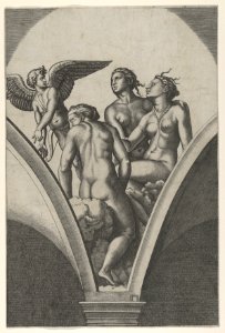 The Three Graces sitting on clouds, cupid at the left, after Raphael's fresco in the Chigi Gallery of the Villa Farnesina in Rome MET DP853529