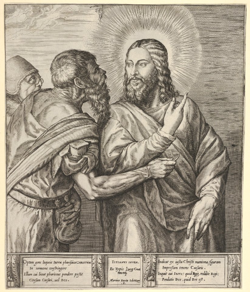 The Tribute Money- two Pharisees, one holding out a coin in his right hand, approach Christ from the left MET DP832653