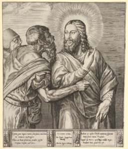 The Tribute Money- two Pharisees, one holding out a coin in his right hand, approach Christ from the left MET DP832653