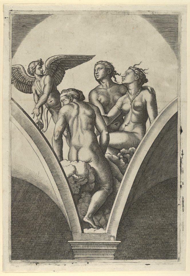The Three Graces sitting on clouds, cupid at the left, after Raphael's fresco in the Chigi Gallery of the Villa Farnesina in Rome MET DP853527