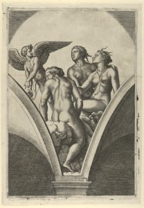 The Three Graces sitting on clouds, cupid at the left, after Raphael's fresco in the Chigi Gallery of the Villa Farnesina in Rome MET DP853527