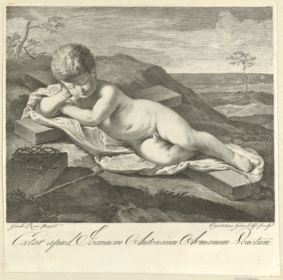 The Christ Child sleeping on a cross in a landscape, crown of thorns in the foreground, after Reni MET DP841477