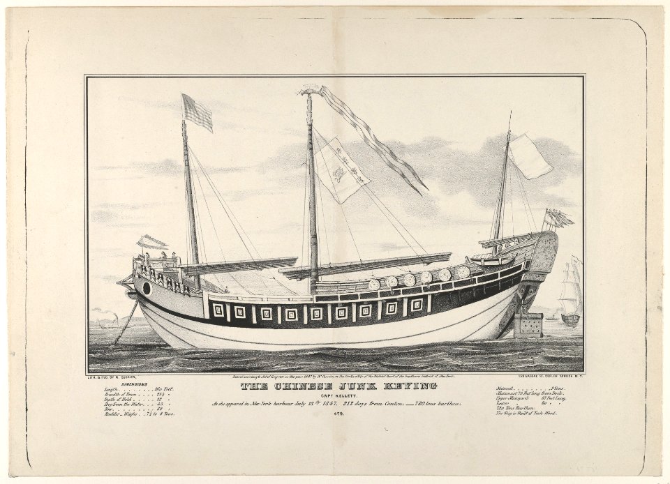 The Chinese Junk "Keying"–Captain Kellett–As she appeared in New York harbour July 13th, 1847–212 days from Canton.–720 tons burthen. MET DP853625