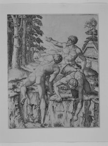 The Climbers- three naked men, one seen from behind climbing onto a river-bank, soldiers emerge from the forest in the background MET MM2594