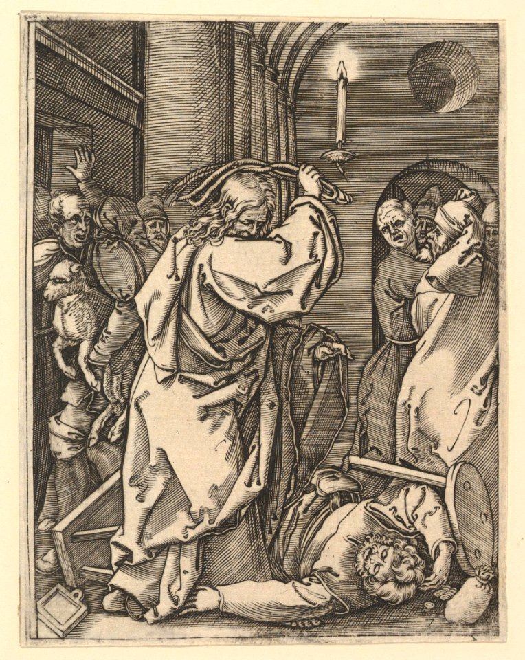 The Cleansing of the Temple; Christ driving the money-changers from the temple and raising a scourge over his left shoulder, as if to strike a man on the floor, after Dürer MET DP820312