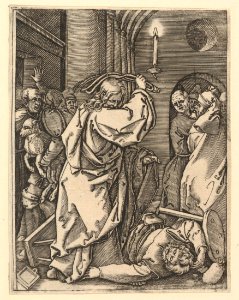 The Cleansing of the Temple; Christ driving the money-changers from the temple and raising a scourge over his left shoulder, as if to strike a man on the floor, after Dürer MET DP820312
