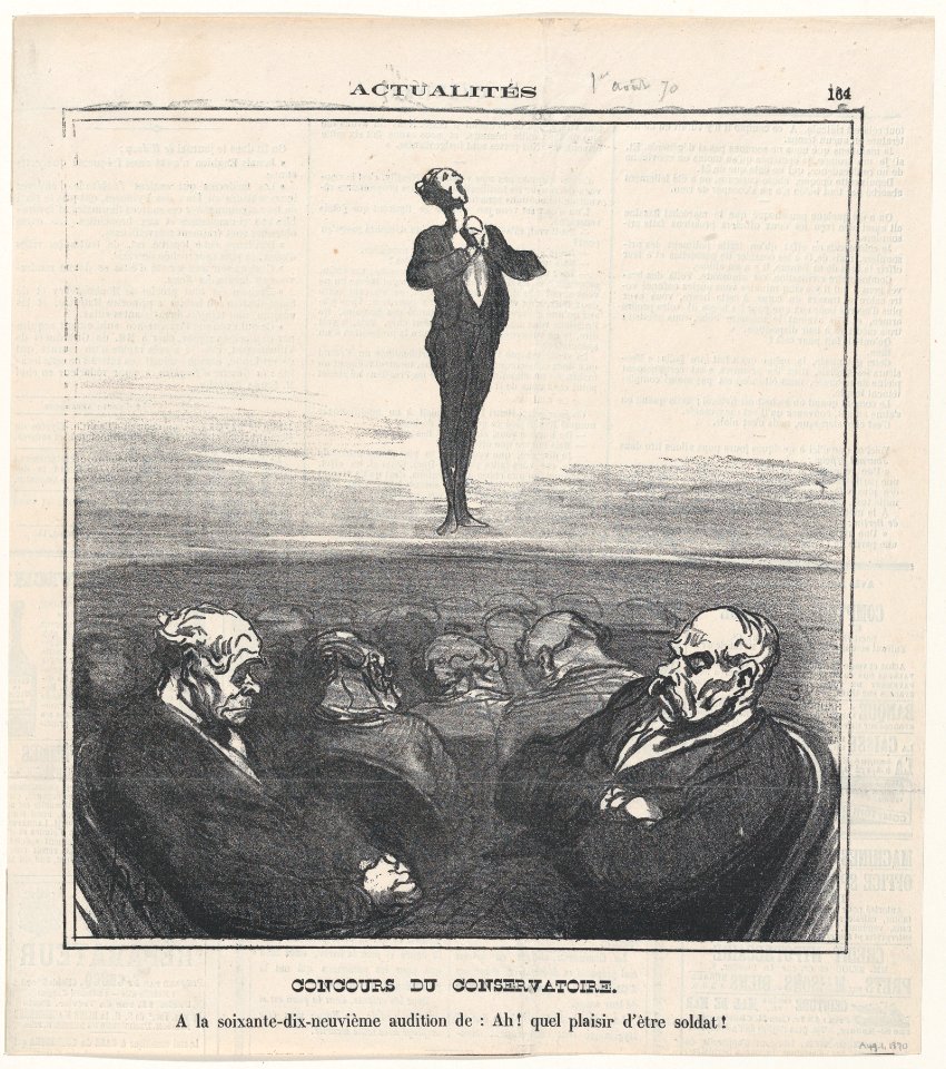 The competition at the conservatory- At the 79th audition of "Oh, what a pleasure to be a soldier!", from 'News of the day,' published in Le Charivari, August 1, 1870 MET DP877812