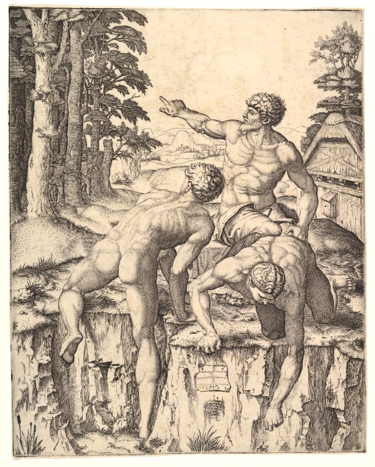 The Climbers- three naked men, one seen from behind climbing onto a river-bank, soldiers emerge from the forest in the background MET DP820576