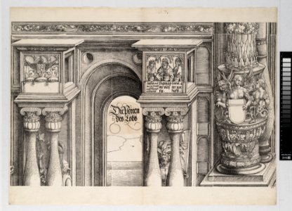 The Arch in the Entryway of the Left Portal (Die Porten des Lobs); and the Outer Left Column of the Central Portal, from The Triumphal Arch of Maximilian I, 1st edition (1517-18) MET DP-16116-031