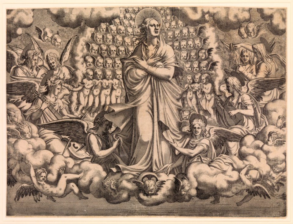 The Apostles looking at Christ and the Virgin in a Glory of Angels (top left plate) MET DP366441