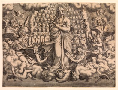 The Apostles looking at Christ and the Virgin in a Glory of Angels (top left plate) MET DP366441