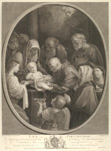 The Circumcision of Christ, a group of men and women surrounding him, an angel in the foreground, after Reni MET DP841326