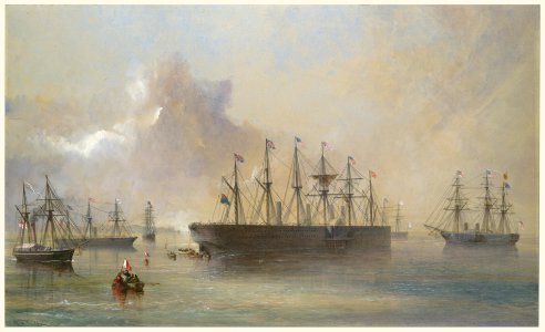 The Atlantic Telegraph Cable Fleet Assembled at Berehaven (Southwest Coast of Ireland)- Ships, the Great Eastern, H.M.S. Terrible, the Alby, the Medway and the William Cory MET DP119840