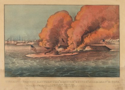 Terrific Combat Between the "Monitor" 2 Guns & "Merrimac" 11 Guns – In Hampton Roads March 9th, 1862 – In which the little "Monitor" whipped the "Merrimac" and the whole "School" of Rebel Steamers MET DP853580