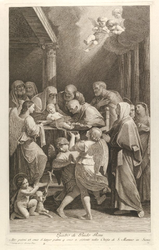 The circumcision of Christ, a group of men, women and angels surrounding him, the young Saint John the Baptist at lower left, after Reni MET DP841324