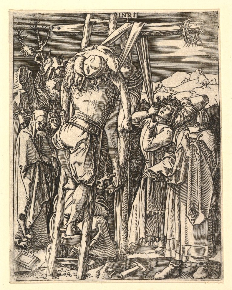 The Descent from the Cross; Christ being taken from the cross, St John supports weight with cloth rope, after Dürer MET DP820329