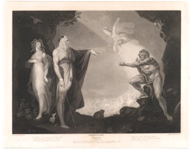The Enchanted Island Before the Cell of Prospero - Prospero, Miranda, Caliban and Ariel (Shakespeare, The Tempest, Act 1, Scene 2) MET DP859557