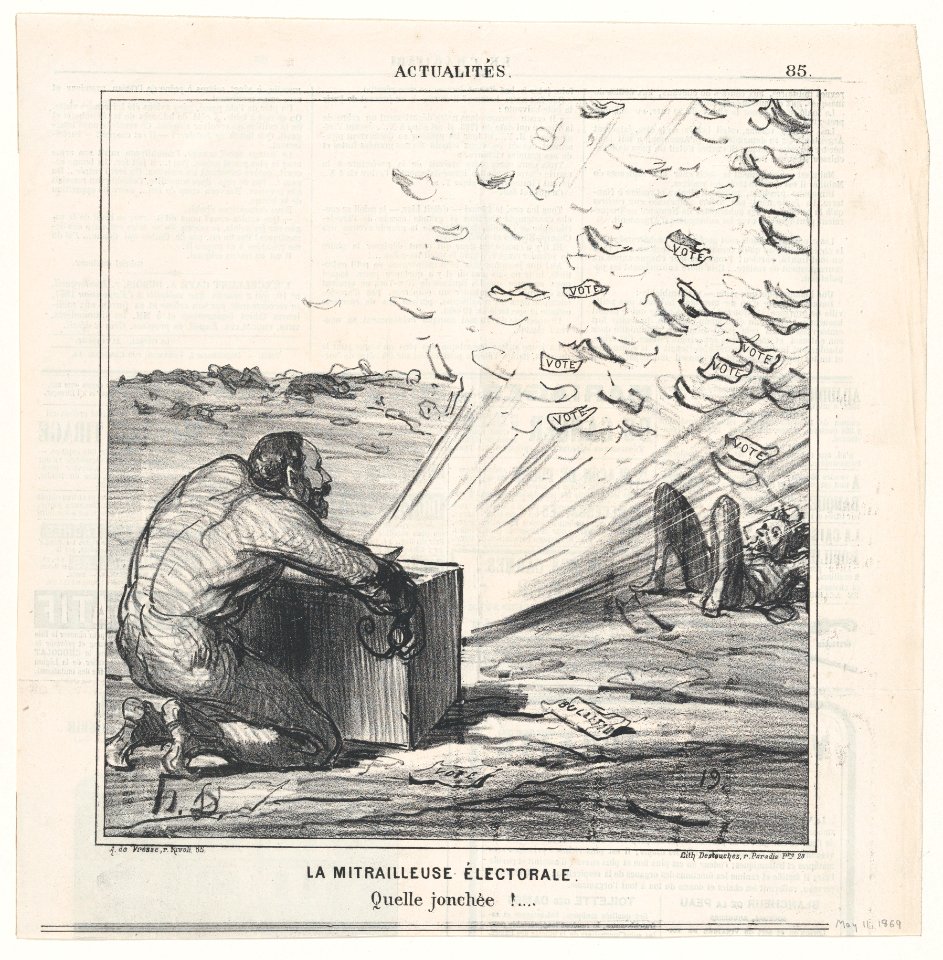 The electoral machine gun. What a strewing of flowers., from 'News of the day,' published in Le Charivari, May 11, 1869 MET DP877774