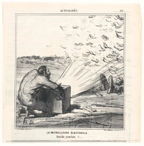 The electoral machine gun. What a strewing of flowers., from 'News of the day,' published in Le Charivari, May 11, 1869 MET DP877774