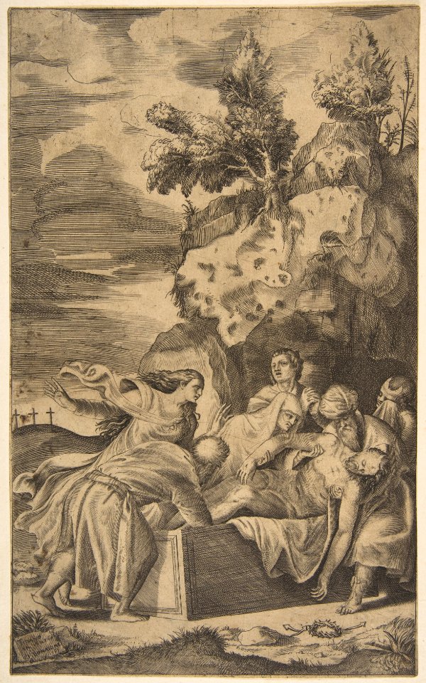 The entombment of Christ, the crosses on Calvary visble in left background MET DP812428