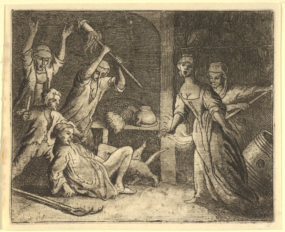 The Cat, Caught in a Snare, is Mistreated by the People from the House from Hendrick van Alcmar's Renard The Fox MET DP837703