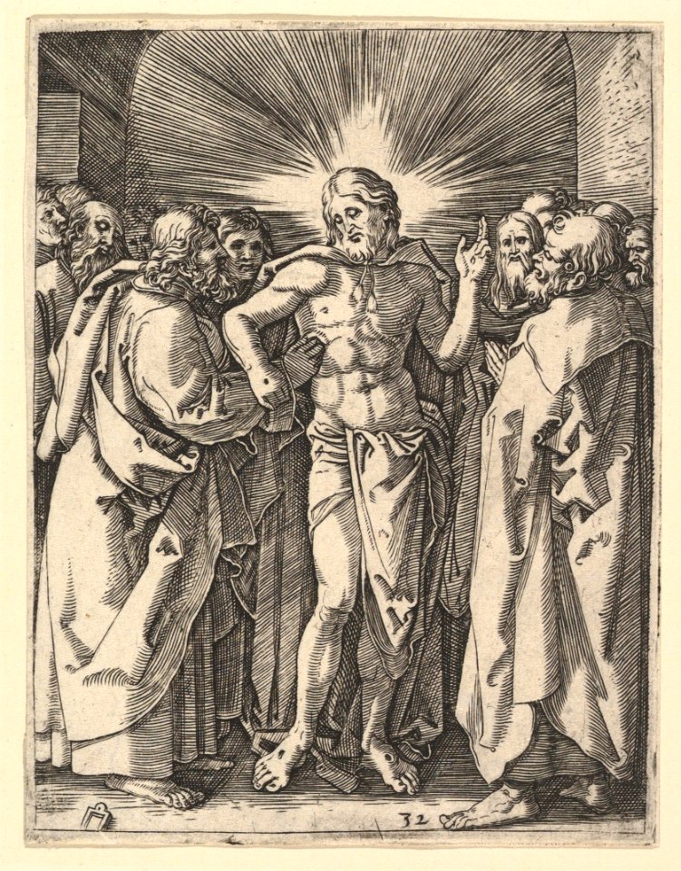 The Doubting Thomas; Christ among his disciples, Saint Thomas touching Christ's wound, after Dürer MET DP820337