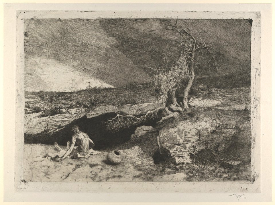 The Anchorite- a partially naked man seated at left in a landscape with what appears to be a long sheet unfolded over his knees MET DP854194
