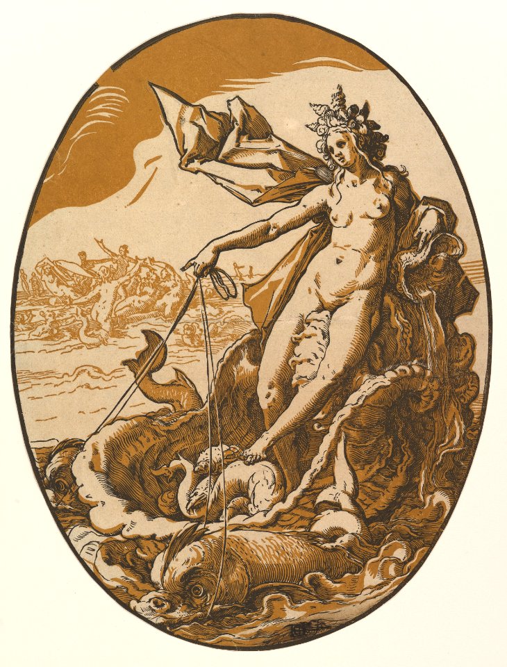 Tethys reclining in a giant shell chariot pulled by two sea creatures MET DP819999