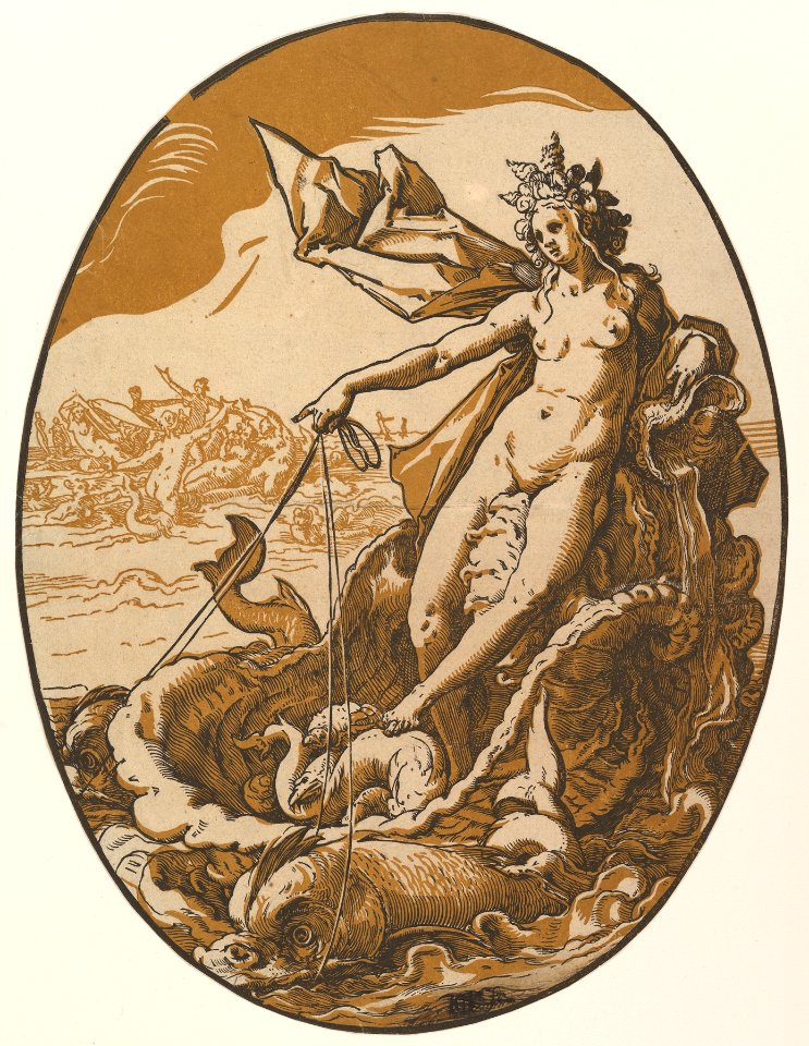 Tethys reclining in a giant shell chariot pulled by two sea creatures MET DP821115