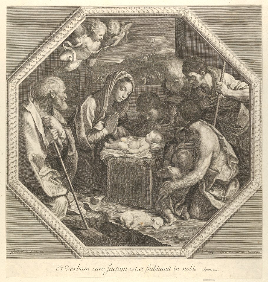 The adoration of the shepherds who kneel together at right before the infant Christ, the Virgin and Saint Joseph at left, two angels above, in an octagonal frame, after Reni MET DP841178