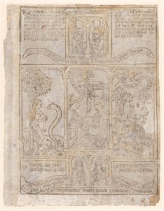 The Annunciation, flanked by Eve and the Serpent and Gideon's Fleece, from a Biblia Pauperum blockbook, 3rd edition MET DP873435