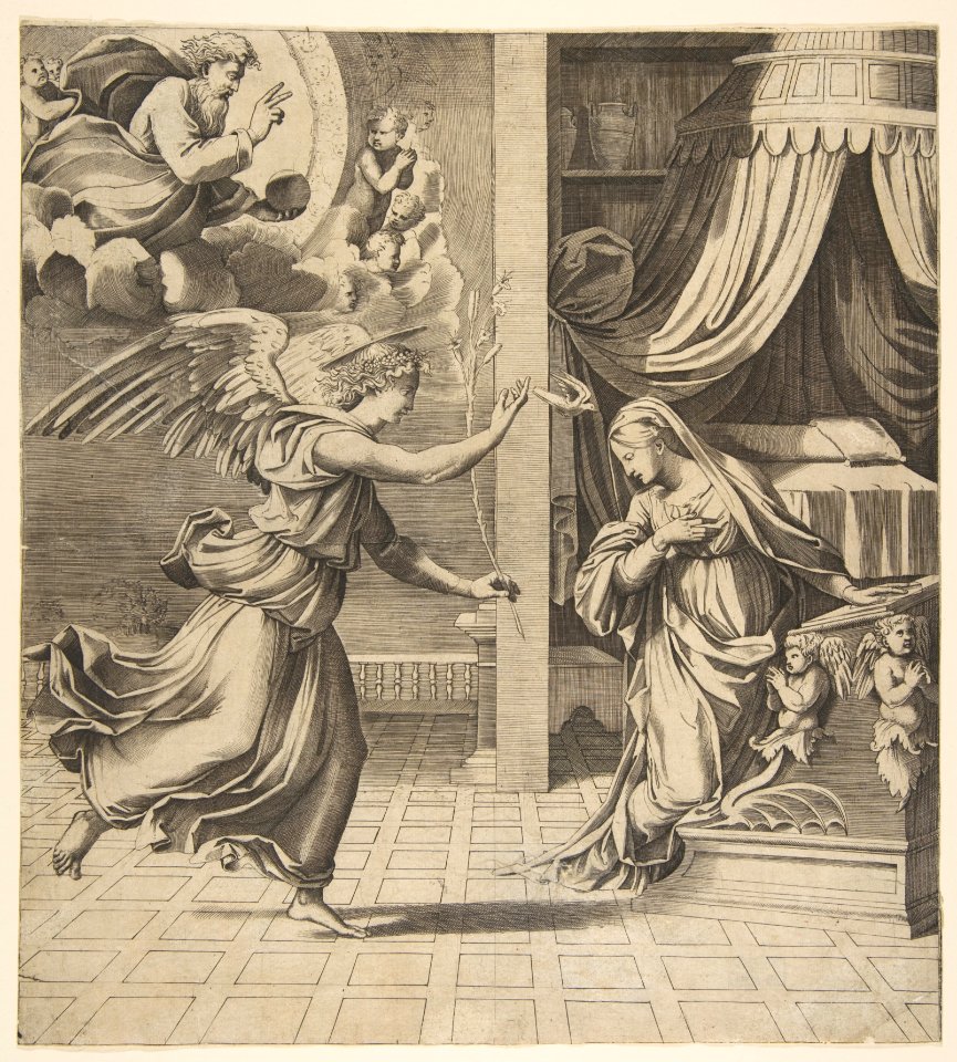 The Annunciation; the archangel Gabriel at left approaching the Virgin kneeling in prayer at right, God the Father in the upper left MET DP818644