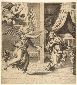 The Annunciation; the archangel Gabriel at left approaching the Virgin kneeling in prayer at right, God the Father in the upper left MET DP818644