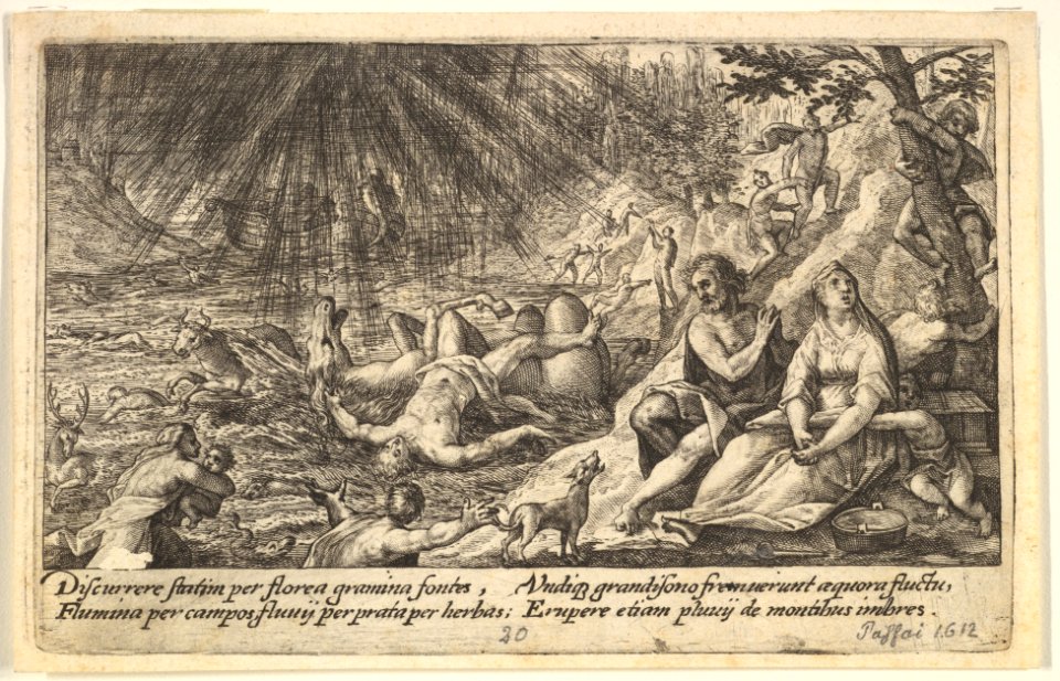 The beginning of the Flood- men and women climb to higher ground at right, water overtaking animals and people at left, Noah's Ark beyond, from a series of engravings made for the first edition of the 'Liber Genesis' MET DP828358